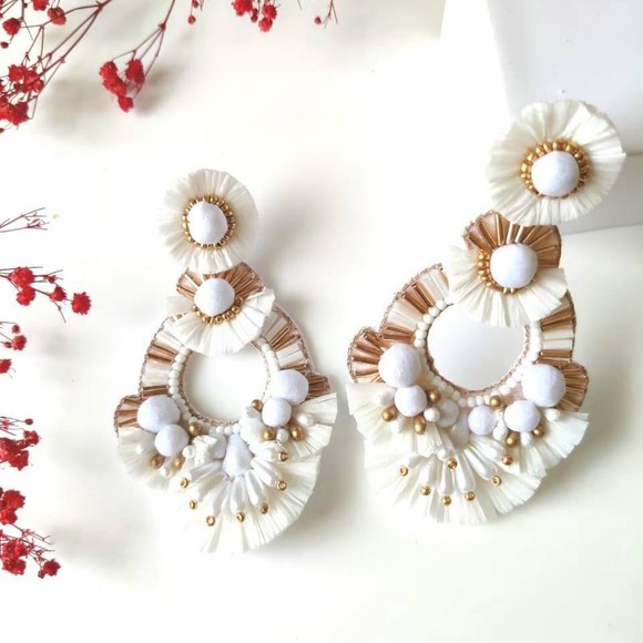 Boho Statement White and Gold Wedding Earrings - Picture 3 of 9